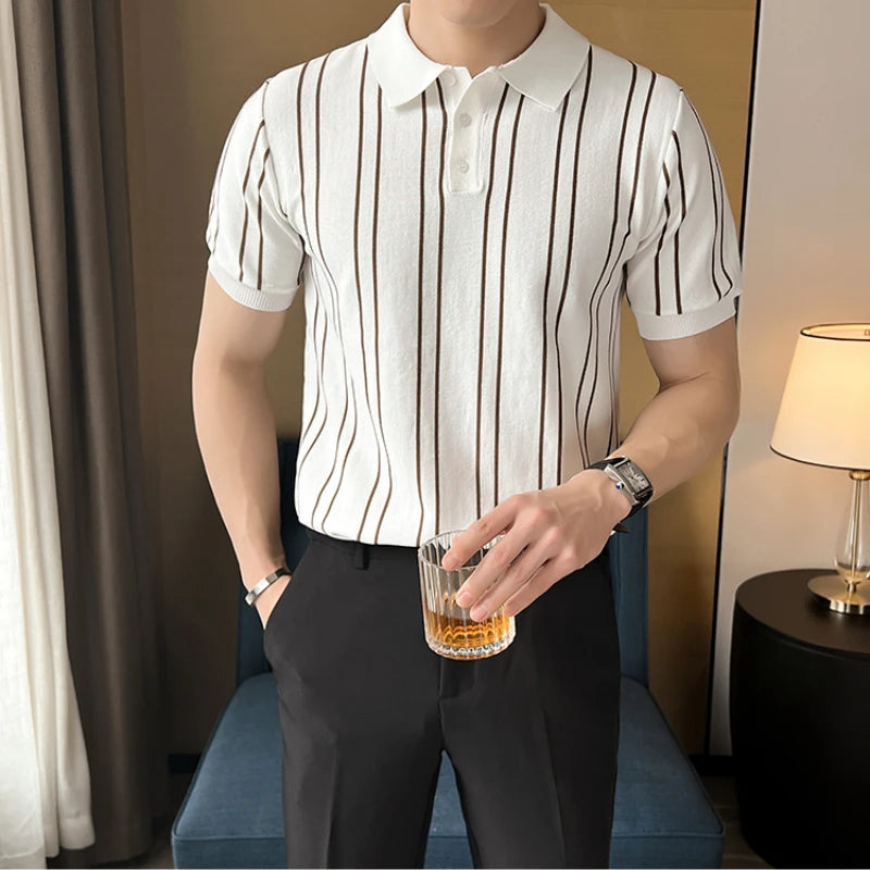 Summer Ice Silk Knitted Polo Shirt for Men Fashion Short Sleeve Striped T-shirts Slim Fit Casual Business Lapel POLO Shirts 2024  Drako™️