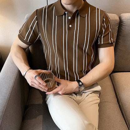 Summer Ice Silk Knitted Polo Shirt for Men Fashion Short Sleeve Striped T-shirts Slim Fit Casual Business Lapel POLO Shirts 2024  Drako™️