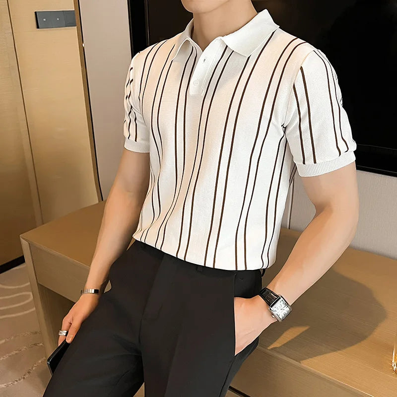 Summer Ice Silk Knitted Polo Shirt for Men Fashion Short Sleeve Striped T-shirts Slim Fit Casual Business Lapel POLO Shirts 2024  Drako™️