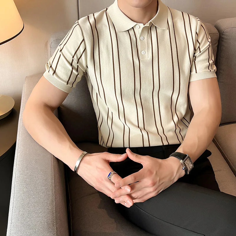 Summer Ice Silk Knitted Polo Shirt for Men Fashion Short Sleeve Striped T-shirts Slim Fit Casual Business Lapel POLO Shirts 2024  Drako™️