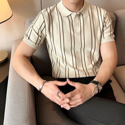 Summer Ice Silk Knitted Polo Shirt for Men Fashion Short Sleeve Striped T-shirts Slim Fit Casual Business Lapel POLO Shirts 2024  Drako™️