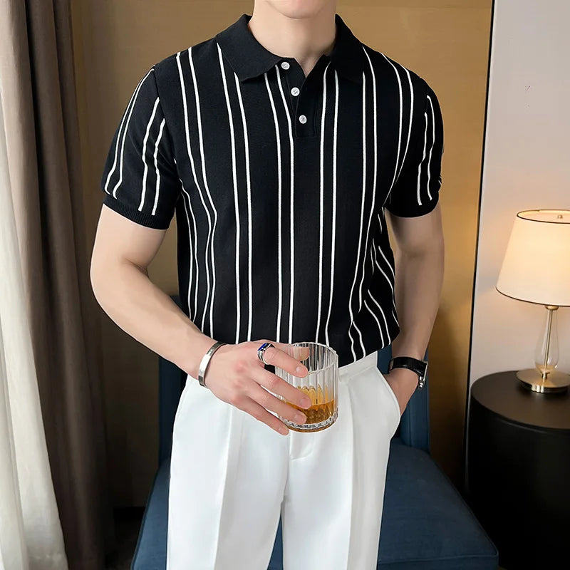 Summer Ice Silk Knitted Polo Shirt for Men Fashion Short Sleeve Striped T-shirts Slim Fit Casual Business Lapel POLO Shirts 2024  Drako™️