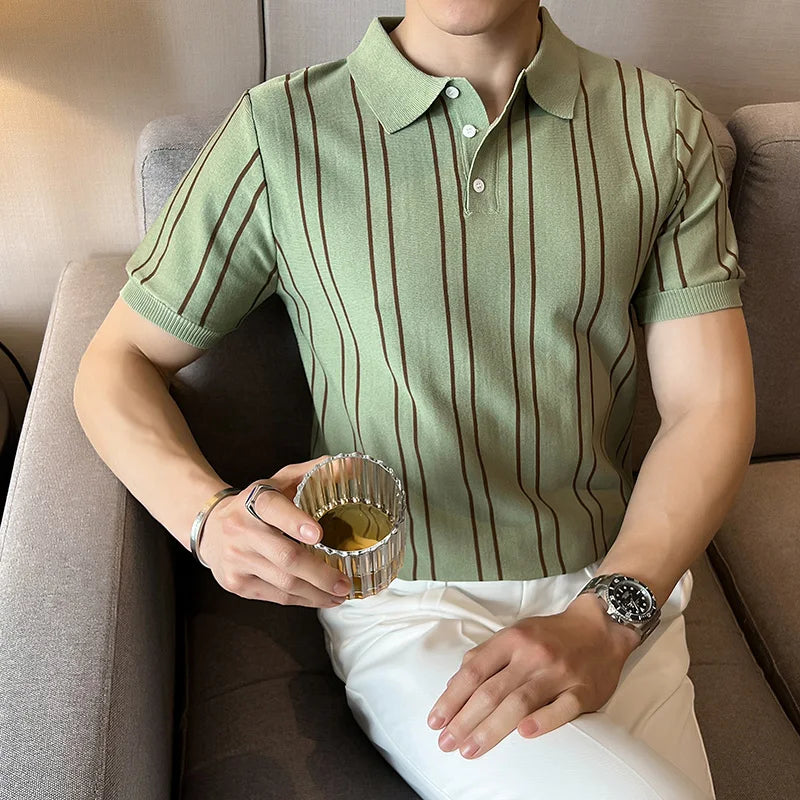 Summer Ice Silk Knitted Polo Shirt for Men Fashion Short Sleeve Striped T-shirts Slim Fit Casual Business Lapel POLO Shirts 2024  Drako™️