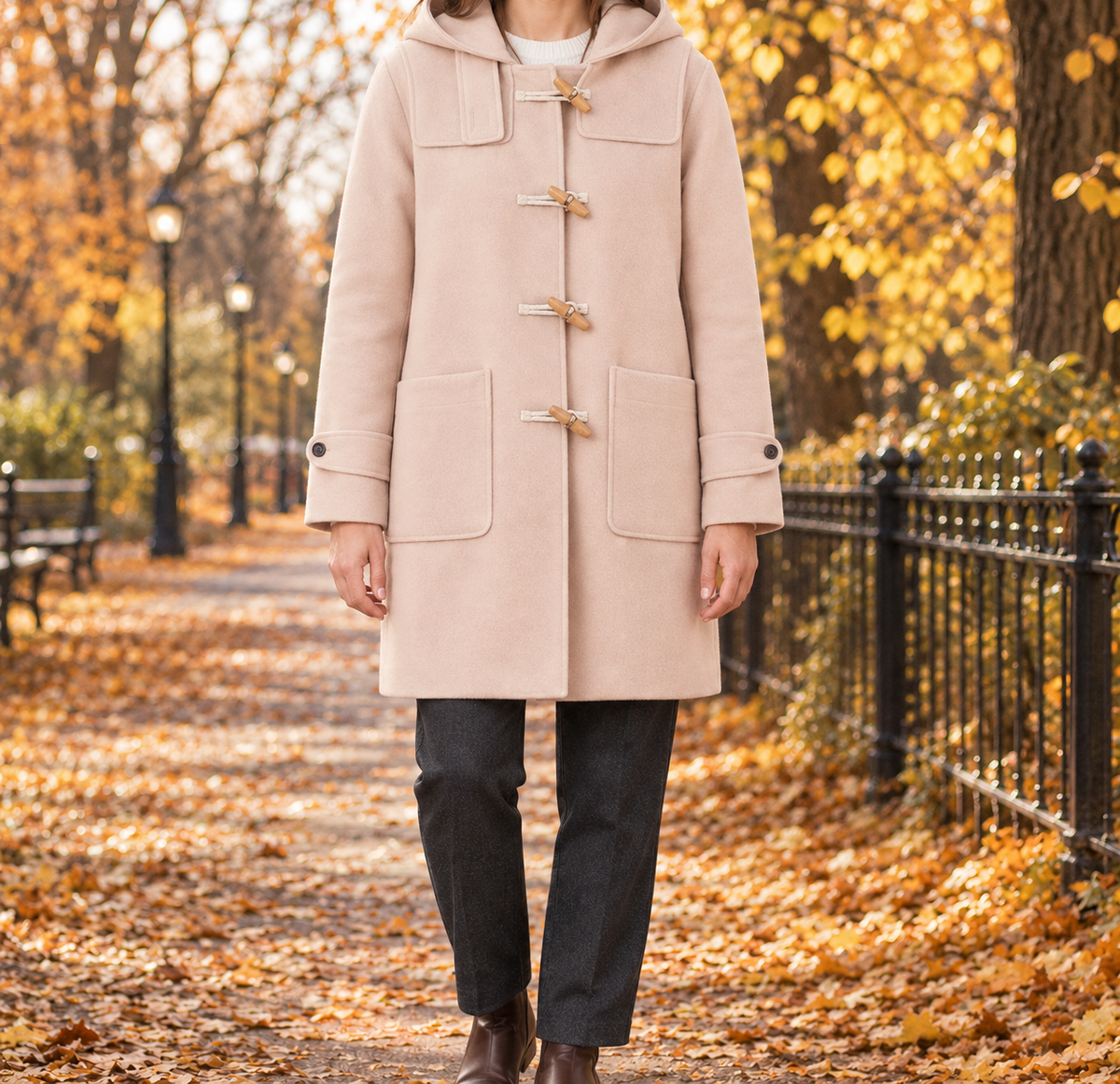 Anna Hooded Toggle Duffle Coat - Apricot, worn, full coat