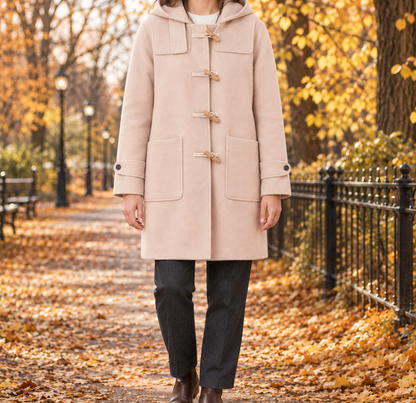 Anna Hooded Toggle Duffle Coat - Apricot, worn, full coat