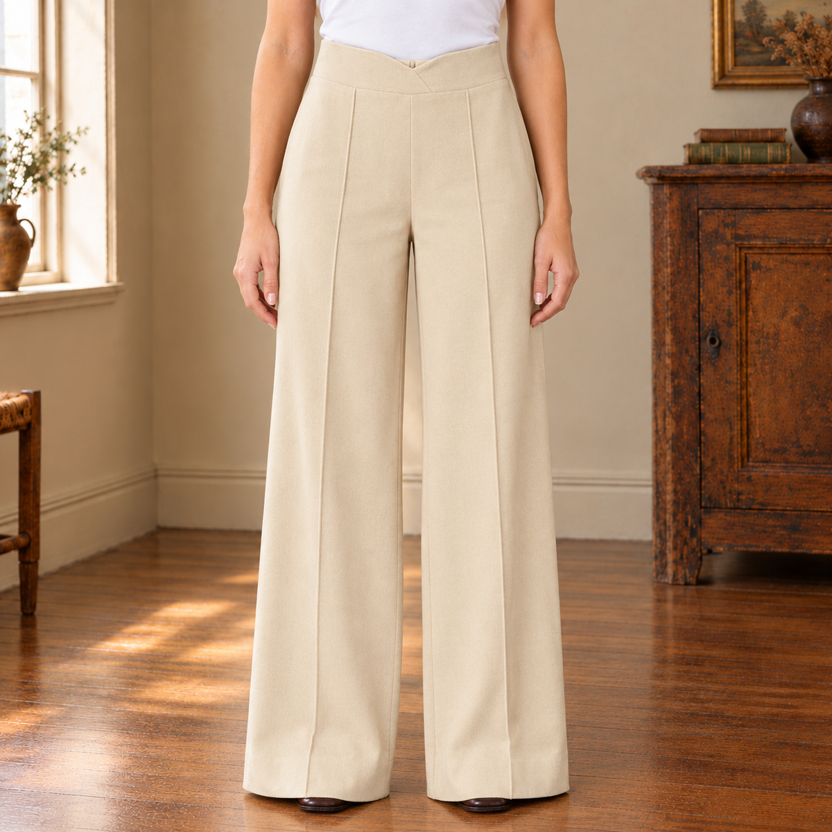 Natalie V-Waist Wide-Leg Trousers - Apricot, worn, full trousers