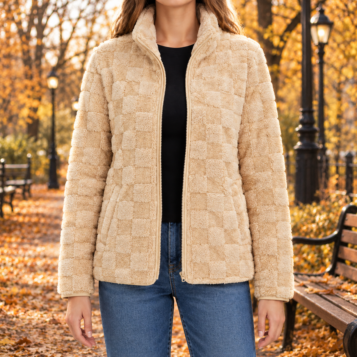 Haley Checkered Plush Zip Jacket - Apricot, worn