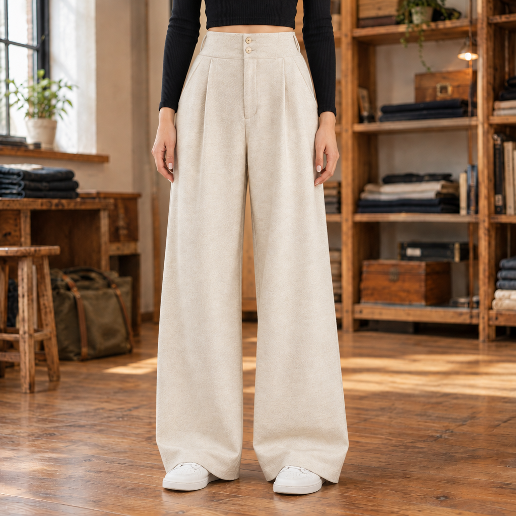 Sarah Two-Button Twill Wide-Leg Trousers - Milk Apricot, worn, full length