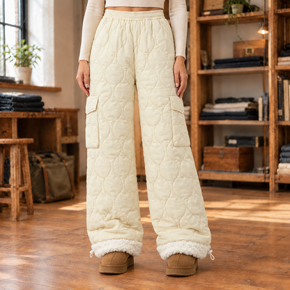 Ivy Quilted Fleece-Lined Cargo Pants - Cream, worn, full pants