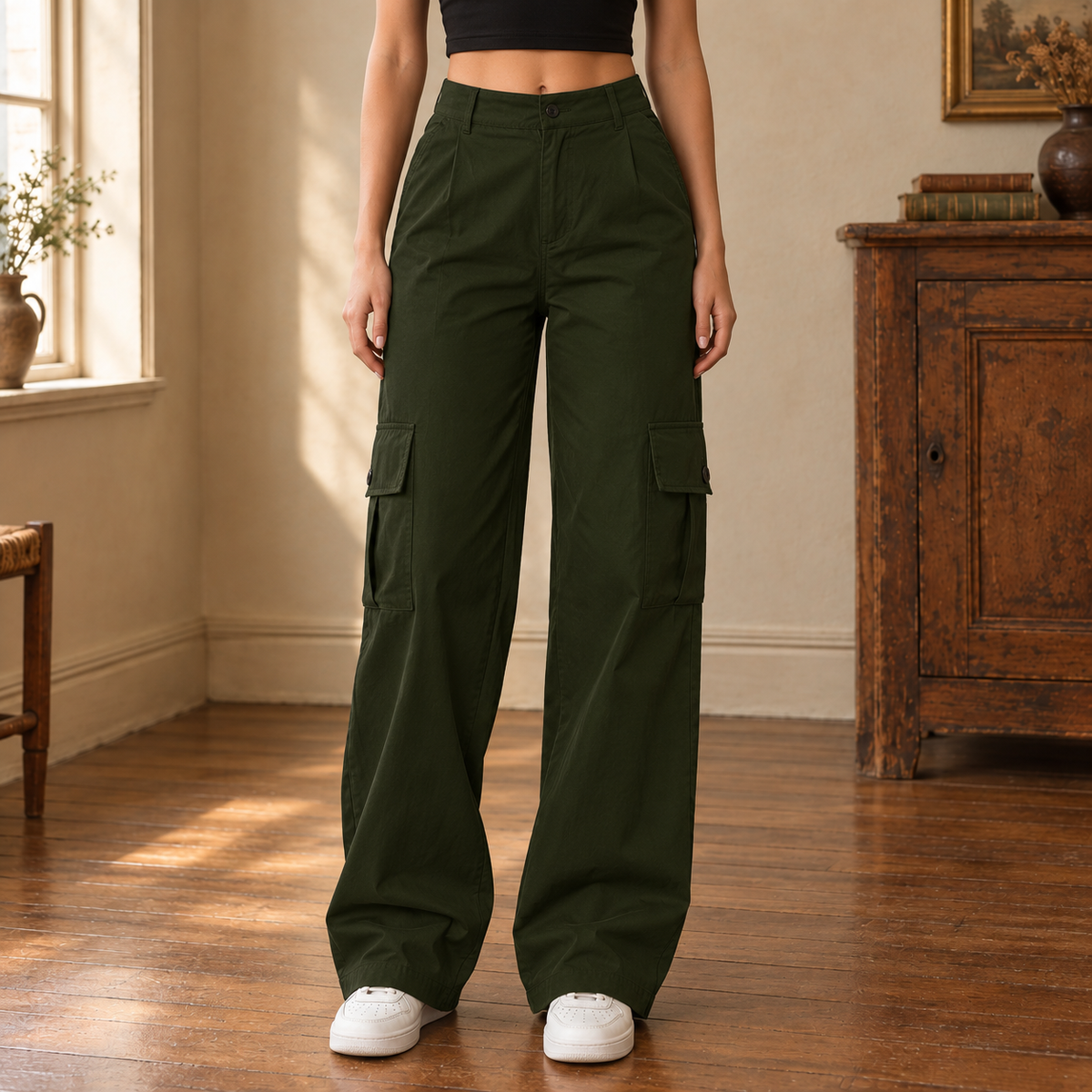 Maren High-Rise Cargo Pants — Army Green, worn, full pants