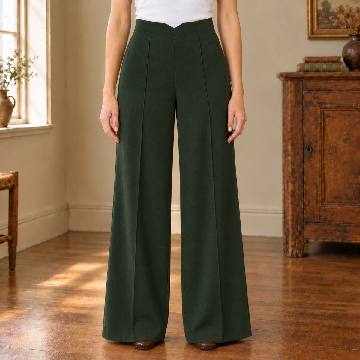 Natalie V-Waist Wide-Leg Trousers - Army Green, worn, full trousers