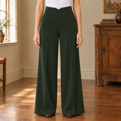 Natalie V-Waist Wide-Leg Trousers - Army Green, worn, full trousers