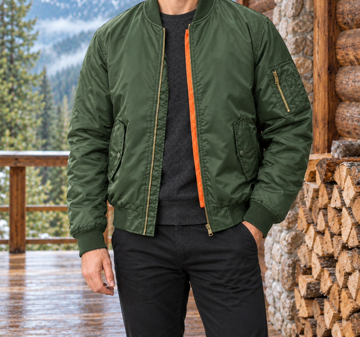 Brett Contrast-Lined Flight Jacket - Army Green, worn