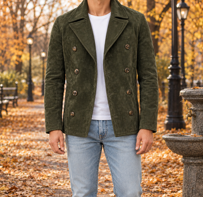 Spencer Suede-Look Double-Breasted Jacket - Army Green, worn, full jacket