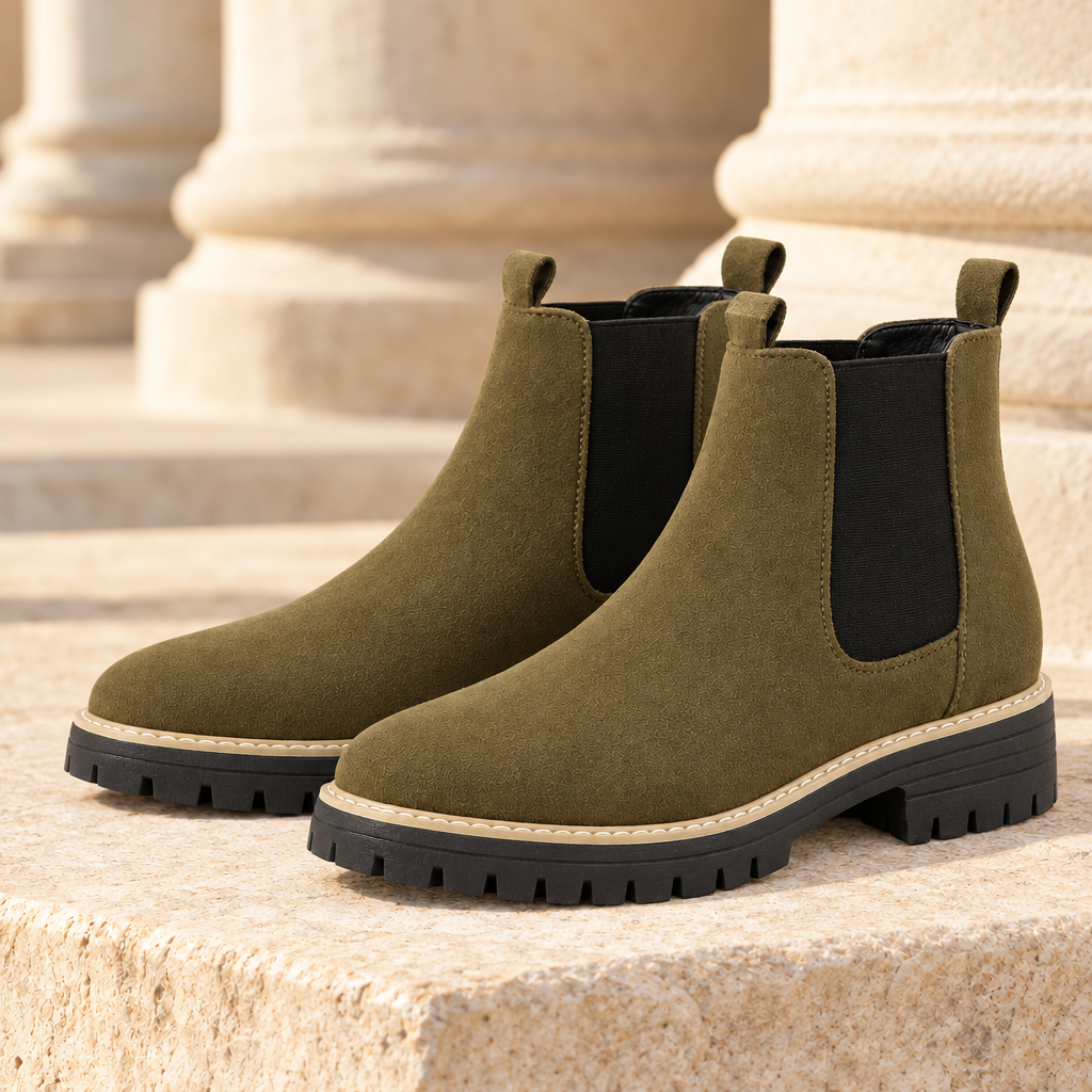 Kendall Faux-Suede Lug-Sole Chelsea Boots - Army Green, full pair