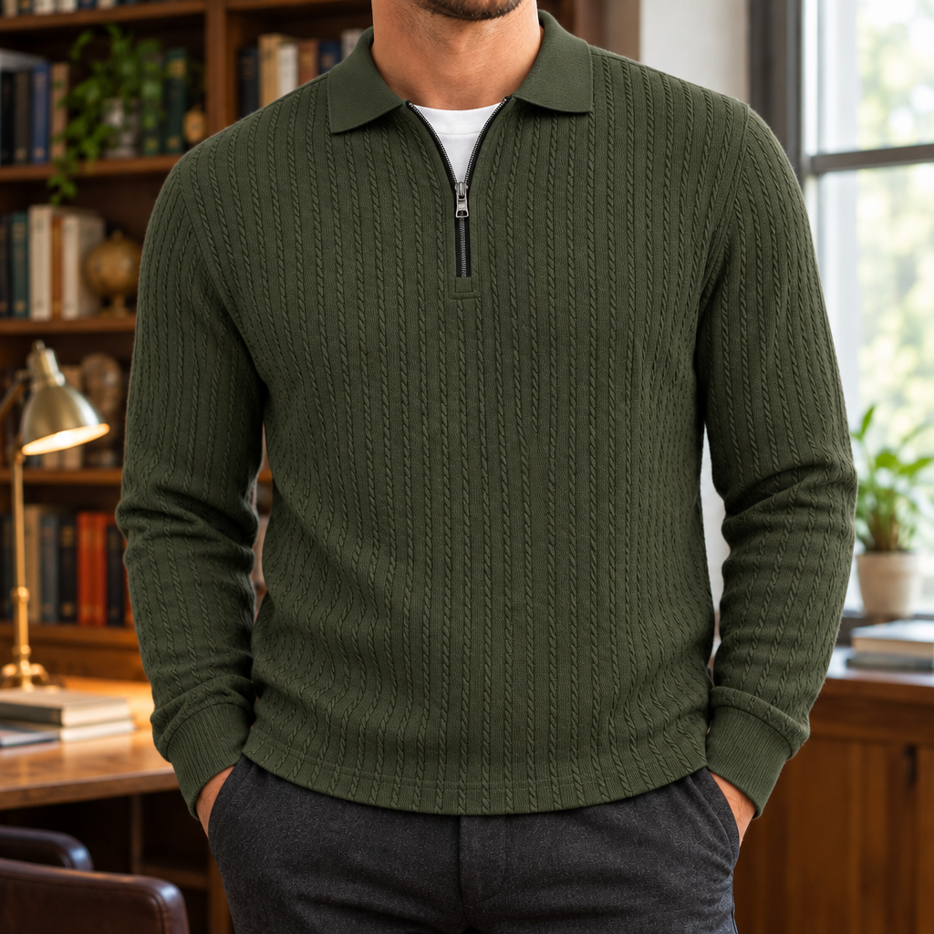Peter Textured Quarter-Zip Polo - Army Green, worn, full polo