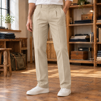 Mitchell Pleated Slim Dress Pants - Beige, worn, full pants