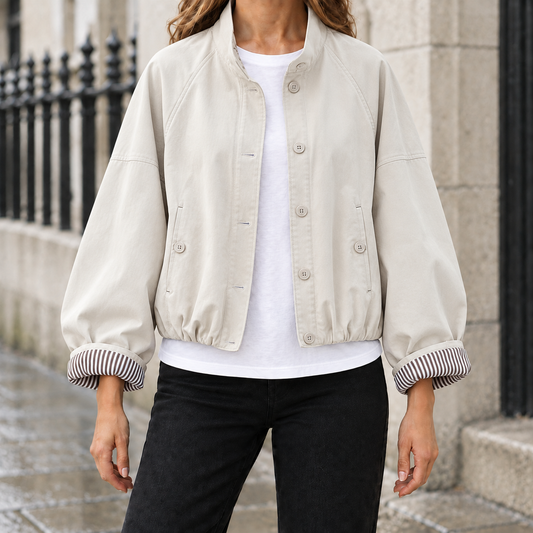 Nora Stand-Collar Cropped Jacket - Beige, worn, full jacket