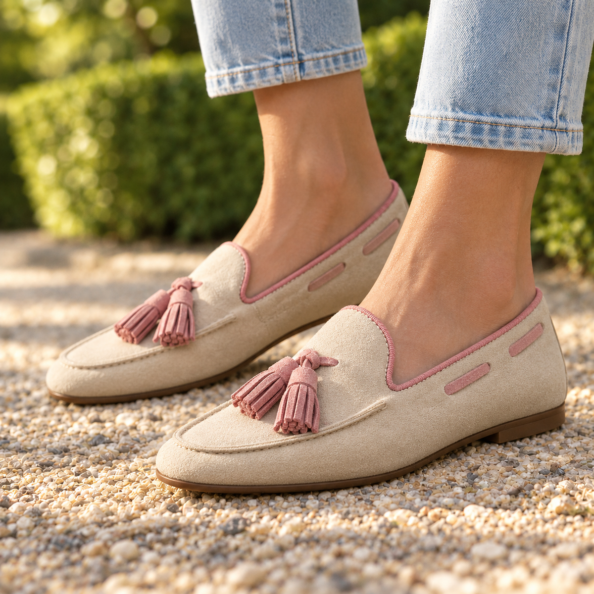 Julia Piped Suede Tassel Loafers - Beige, worn pair