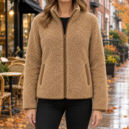 Ellie Piped Teddy Zip Jacket - Beige, worn, full jacket
