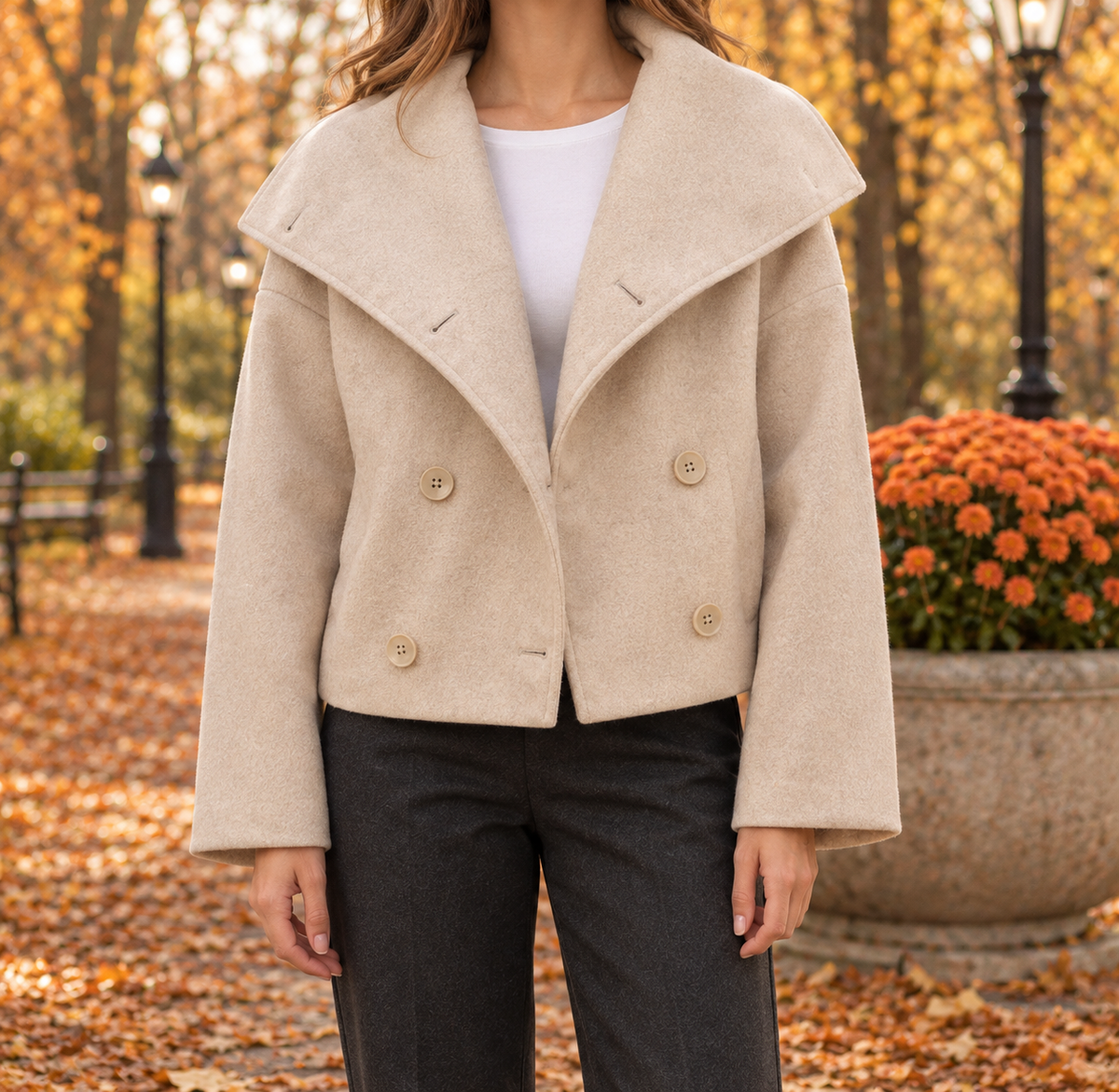 Sarah Wide-Collar Cropped Coat - Beige, worn