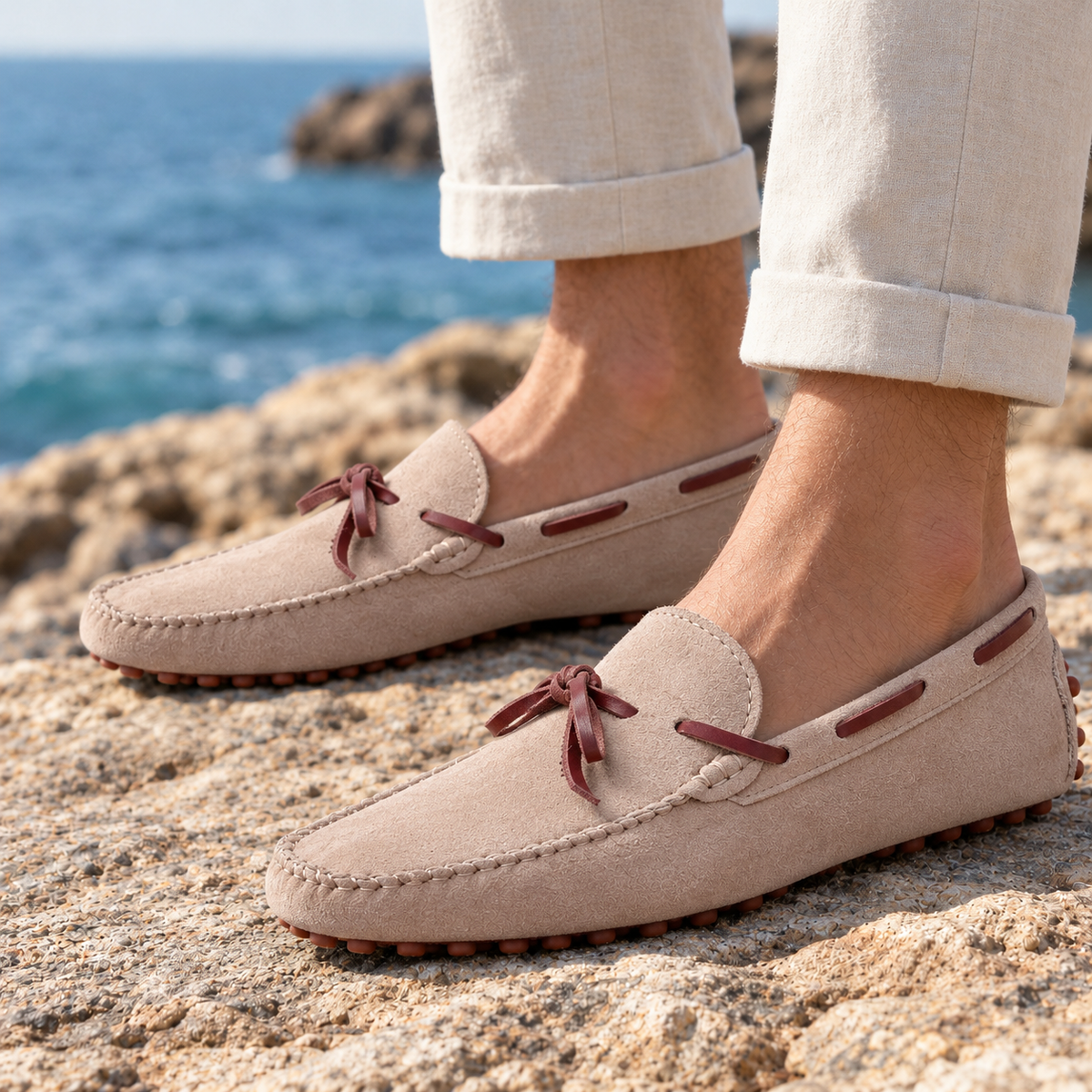 Spencer Suede Driving Moccasins - Beige, worn pair