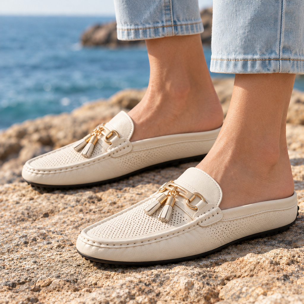 Anna Perforated Tassel Loafer Mules - Beige, worn pair