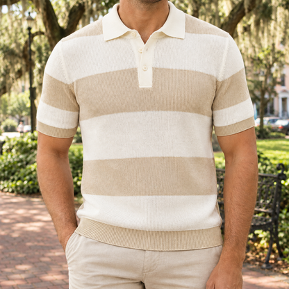 Lucas Block-Stripe Knit Polo - Beige, worn