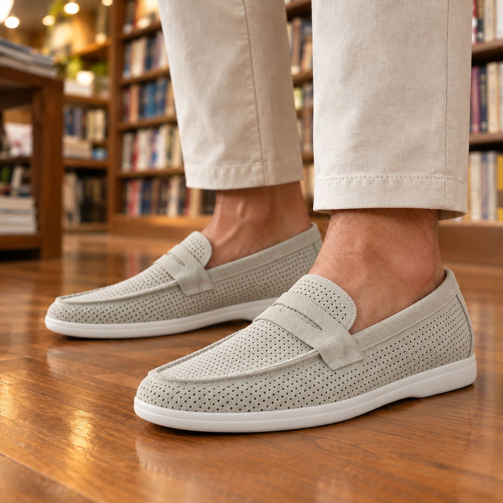 Grant Perforated Suede Penny Loafers - Beige, worn pair
