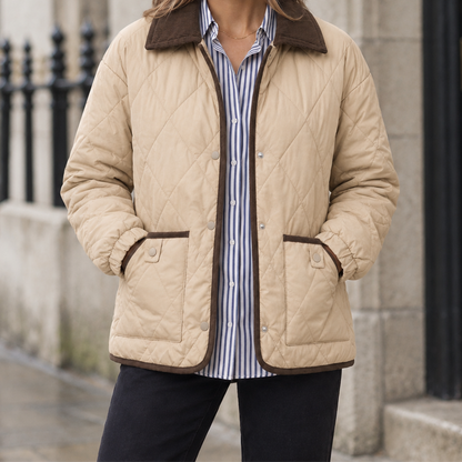 Linnea Corduroy-Collar Quilted Jacket - Beige, worn, full jacket