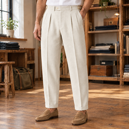 Wexford Pleated Side-Buckle Trousers - Beige, worn, full trousers