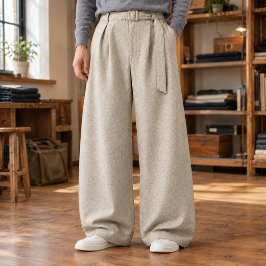 Warren Belted Wool-Blend Wide-Leg Trousers - Beige, worn, full trousers