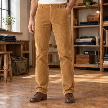 Elliott Wide-Wale Corduroy Trousers - Beige, worn, full length