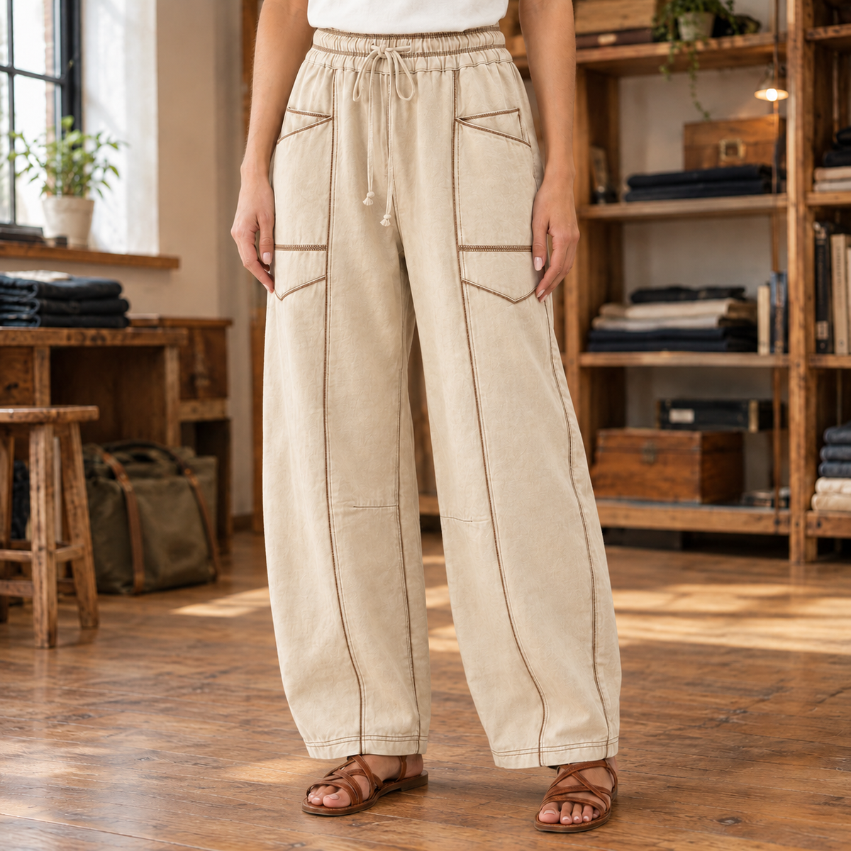 Willa Topstitched Barrel-Leg Pants - Beige, worn, full pants