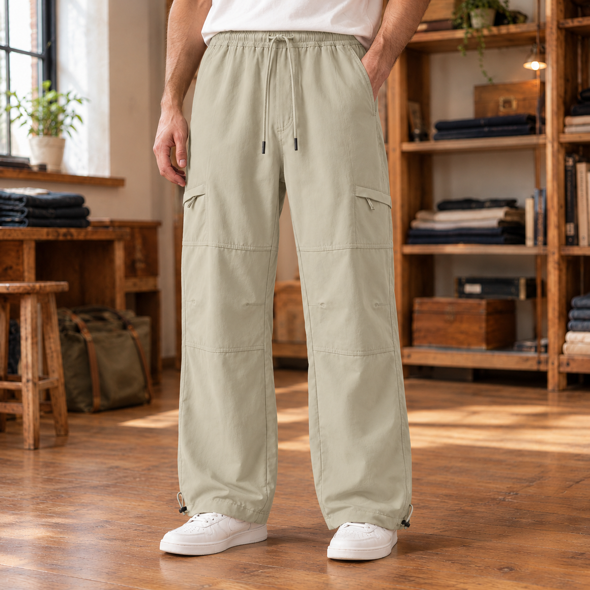 Nolan Zip-Pocket Cargo Pants - Beige, worn, full length