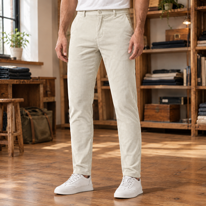 Clark Corduroy Tapered Trousers - Beige, worn, full length