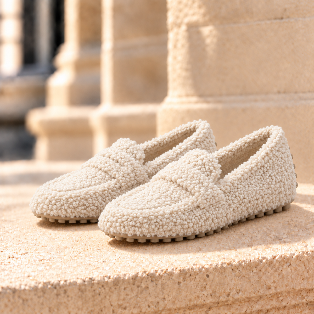 Emma Teddy Fleece Penny Loafers - Beige, full pair
