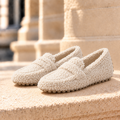 Emma Teddy Fleece Penny Loafers - Beige, full pair