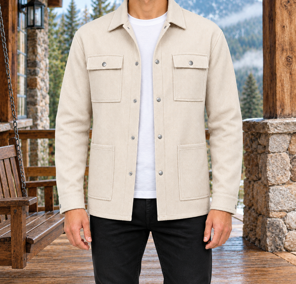 Jason Waffle-Texture Shirt Jacket - Beige, worn, full jacket