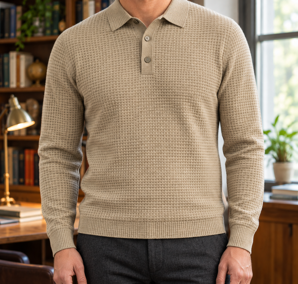 Thomas Basketweave Long-Sleeve Polo - Beige, worn, full polo