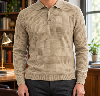 Thomas Basketweave Long-Sleeve Polo - Beige, worn, full polo