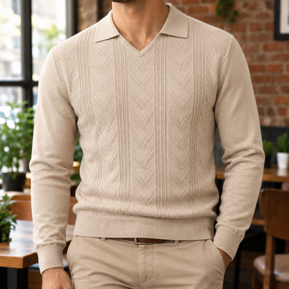 Paul Chevron-Knit Long-Sleeve Polo - Beige, worn, full polo