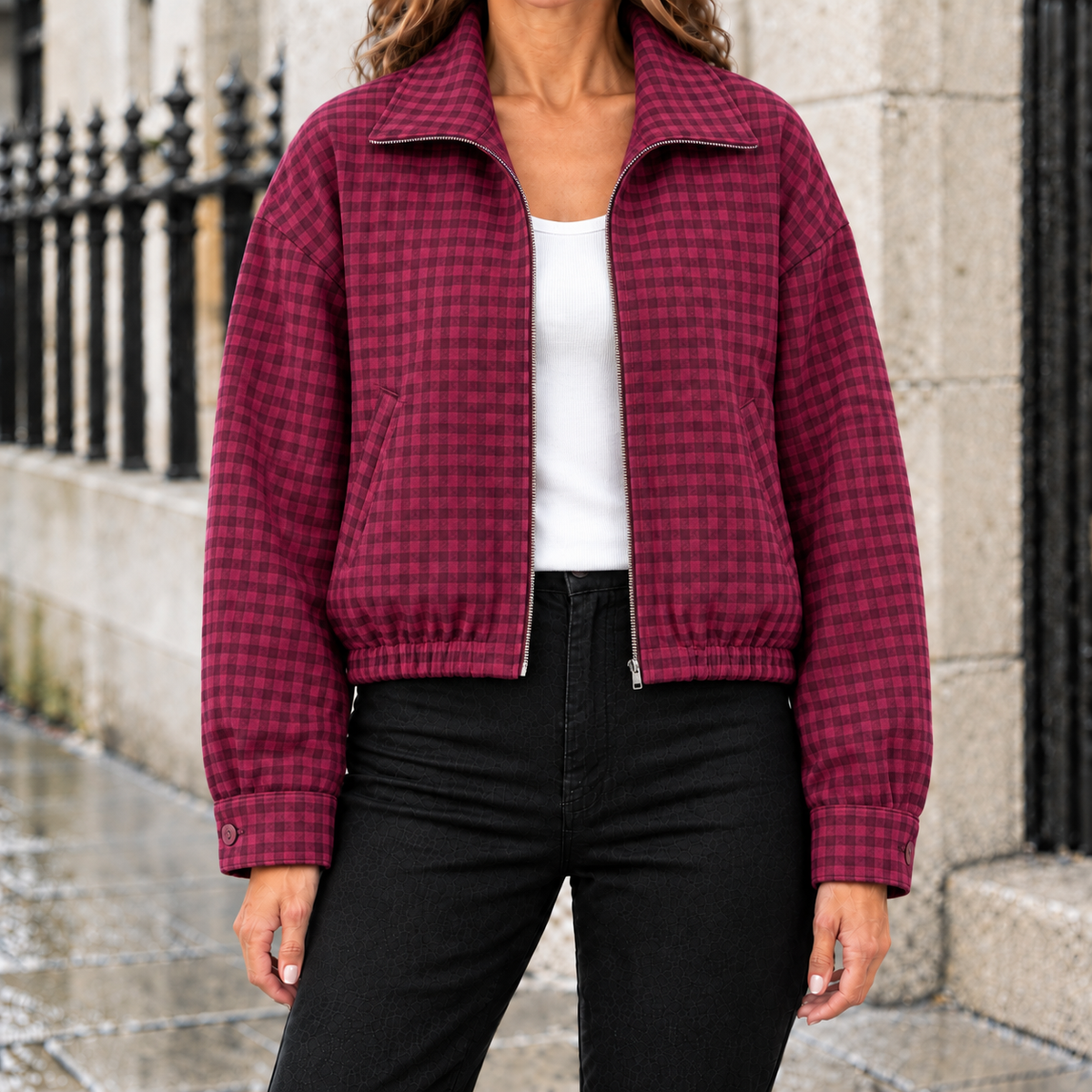 Megan Gingham Cropped Zip Jacket - Berry, worn, full jacket