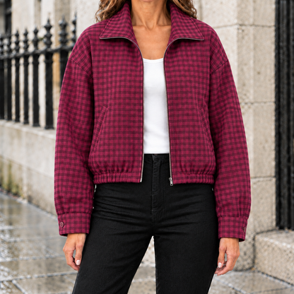 Megan Gingham Cropped Zip Jacket - Berry, worn, full jacket