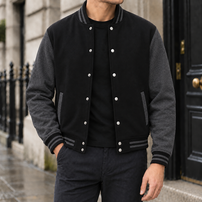 Tanner Snap-Front Varsity Jacket - Black & Charcoal, worn, full jacket