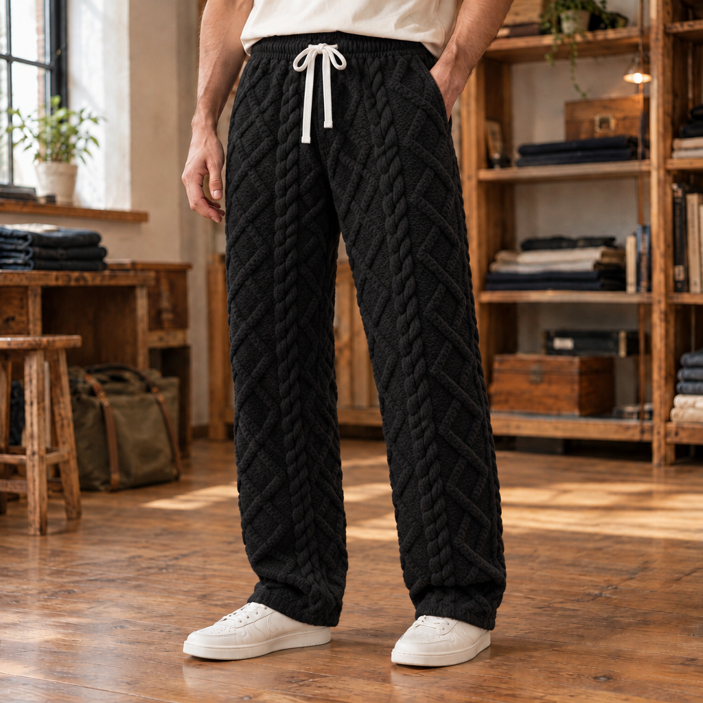Lucas Cable-Knit Drawstring Sweatpants - Black, worn, full sweatpants