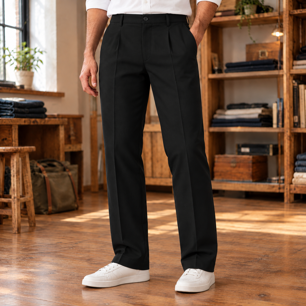 Mitchell Pleated Slim Dress Pants - Black, worn, full pants