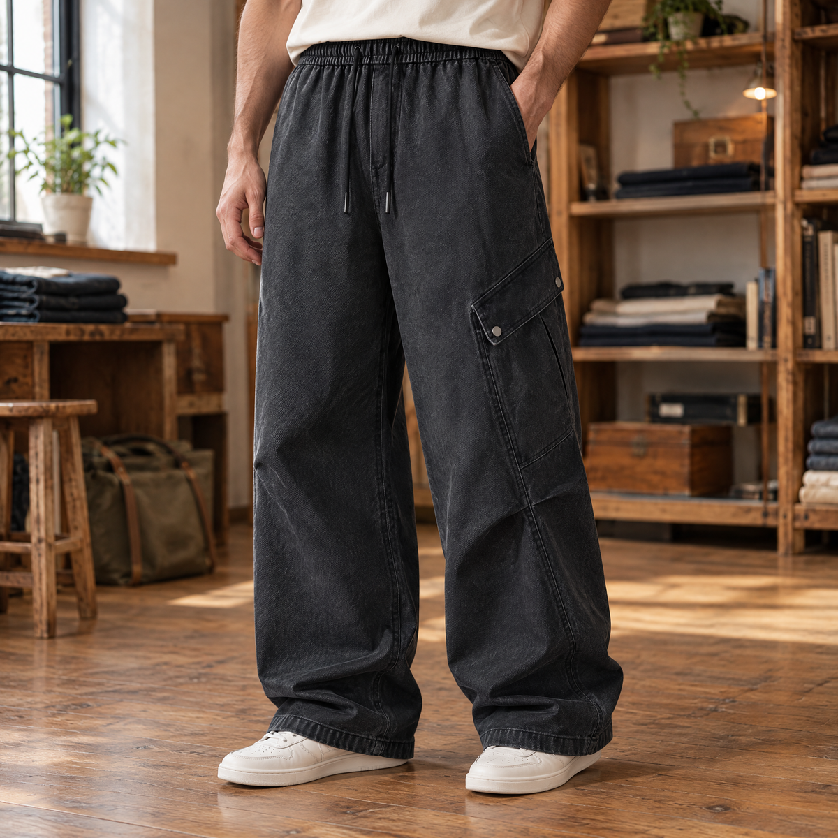 Stellan Wide-Leg Cargo Pants - Black Gray, on model, full pants
