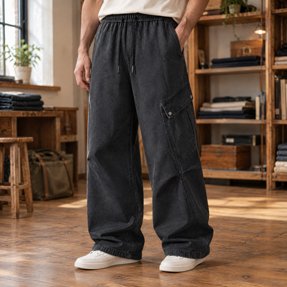 Stellan Wide-Leg Cargo Pants - Black Gray, on model, full pants