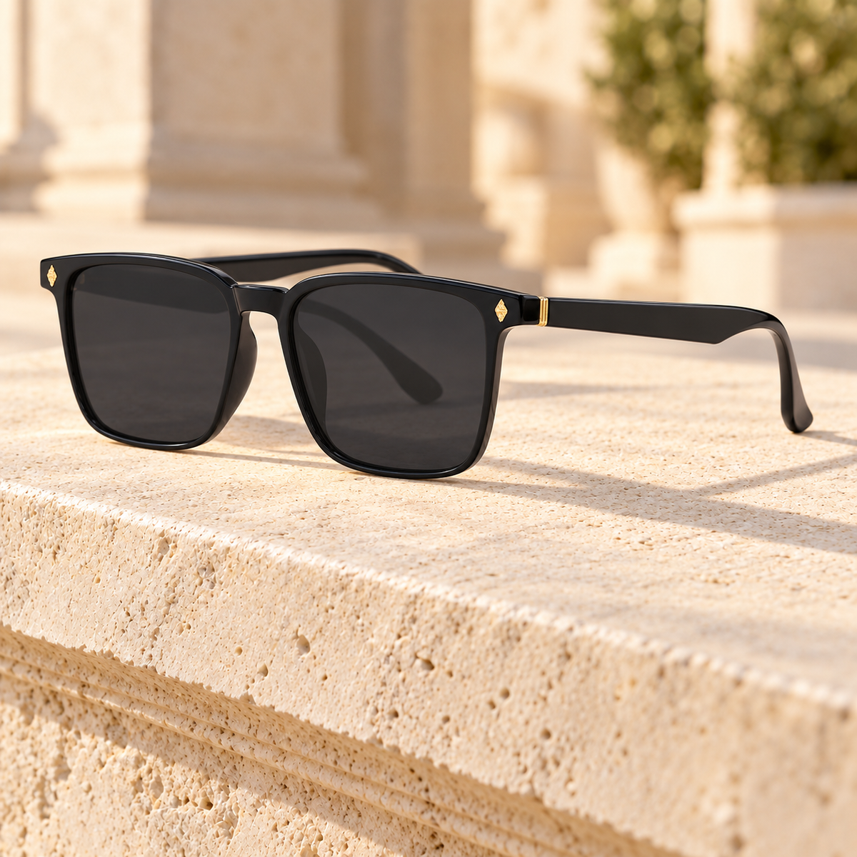 Bennett Gold-Stud Square Sunglasses - Black/Grey, full frame